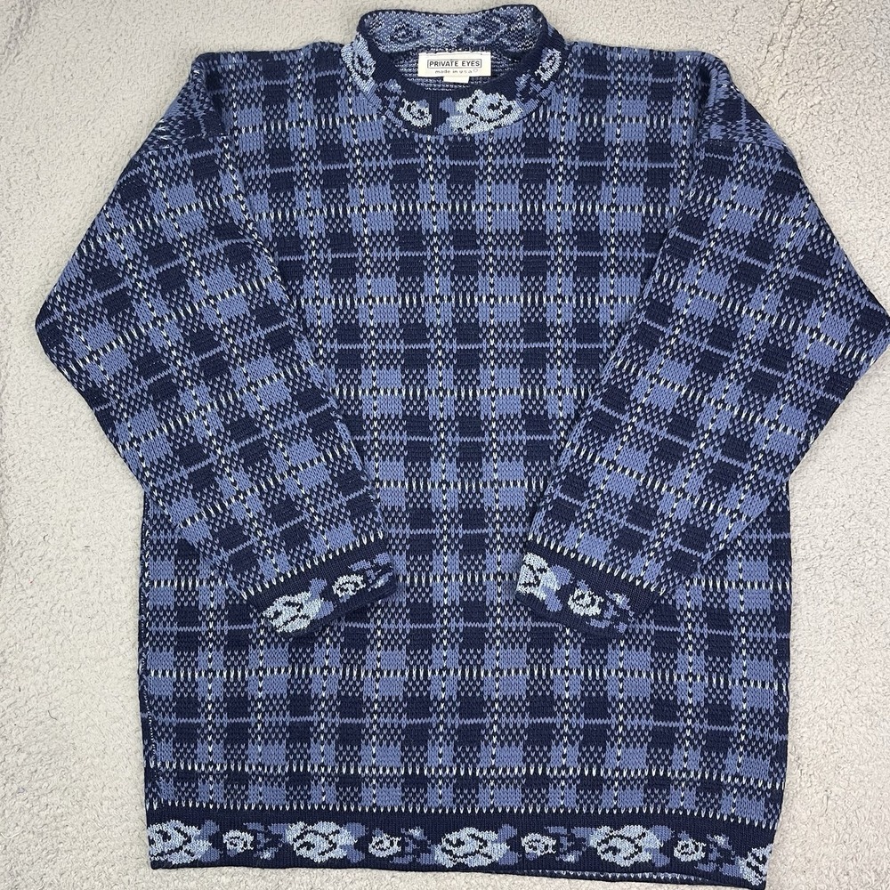 Vintage 90s Private Eyes Sweater Women's Blue Floral Flowers Pattern Sweatshirt